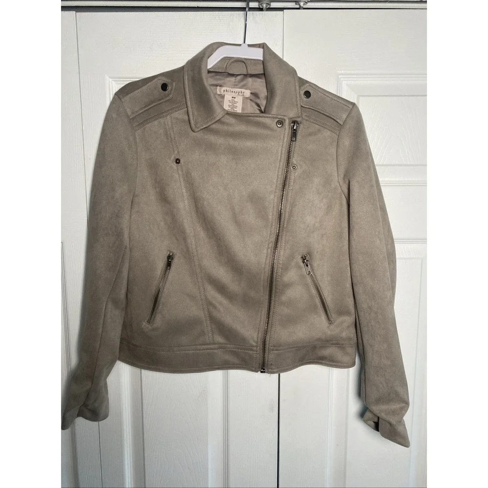 Philosophy Moto Faux Suede Jacket Womens Size M Taupe Tan Asymmetric‎ Zip Biker